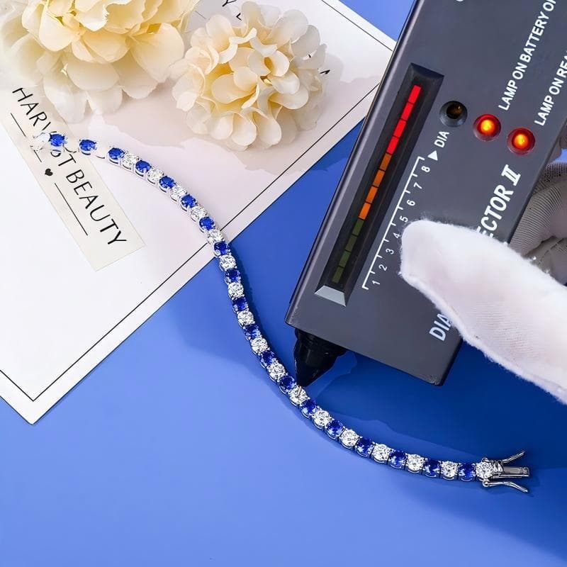 B2B jewelry quality testing on a blue tennis bracelet
