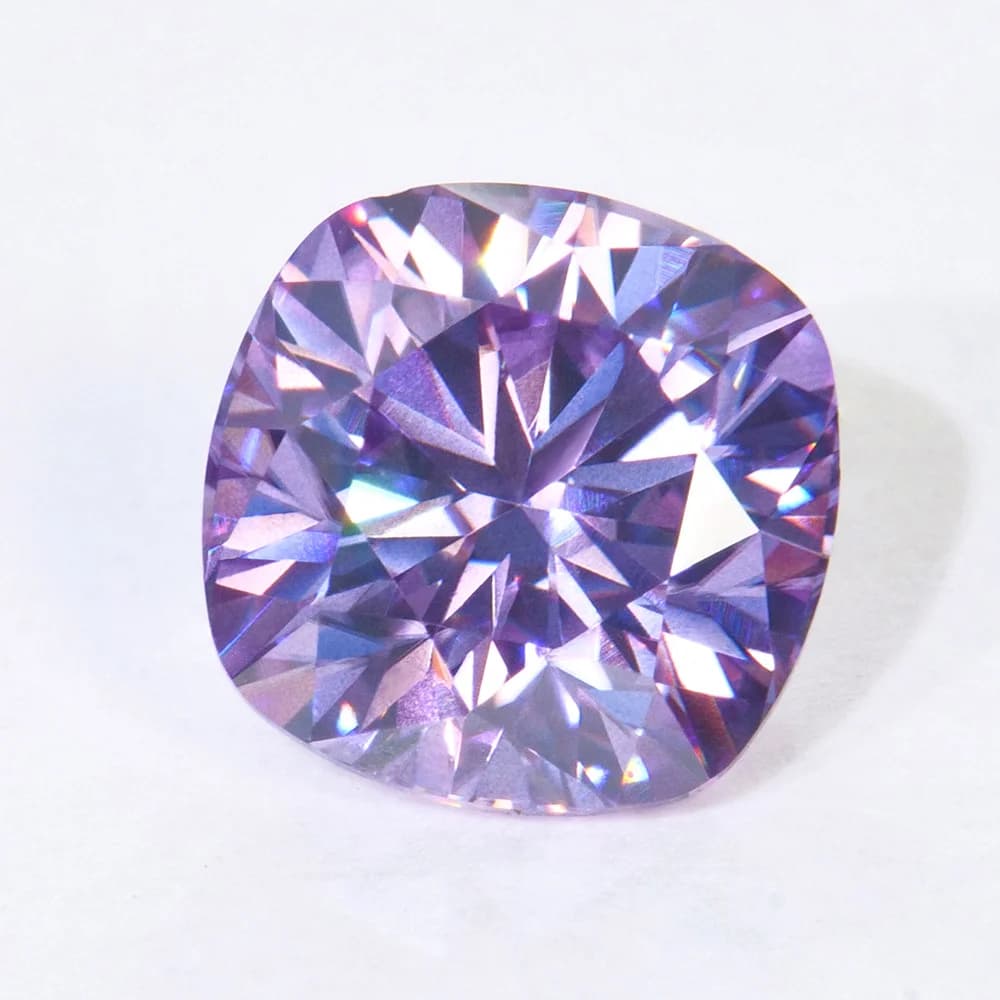 Purple cushion-cut lab-grown gemstone on a white background