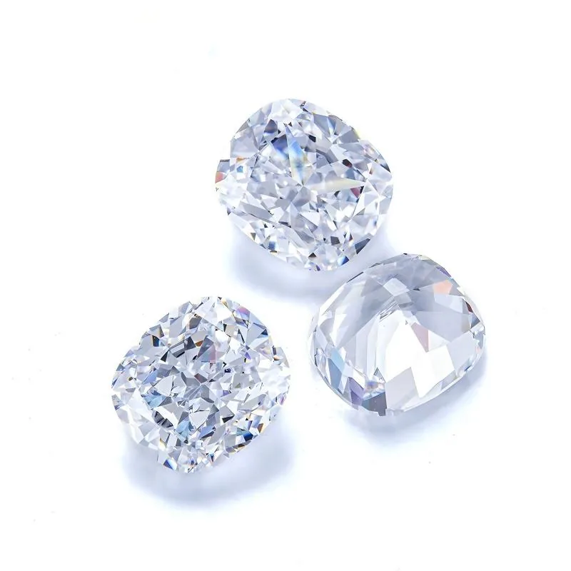 White and colorless lab-grown gemstones in mixed cuts on a white background